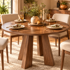 47 inch walnut round dining table with sturdy four leg base