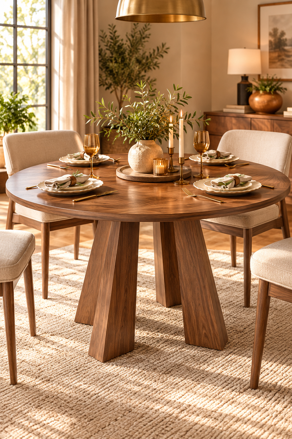47 inch walnut round dining table with sturdy four leg base