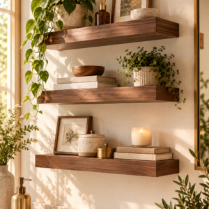 BAYKA walnut floating shelves set of three for displaying home decor, books, and plants