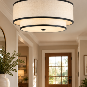 Black double drum semi-flush mount ceiling light with white fabric shades