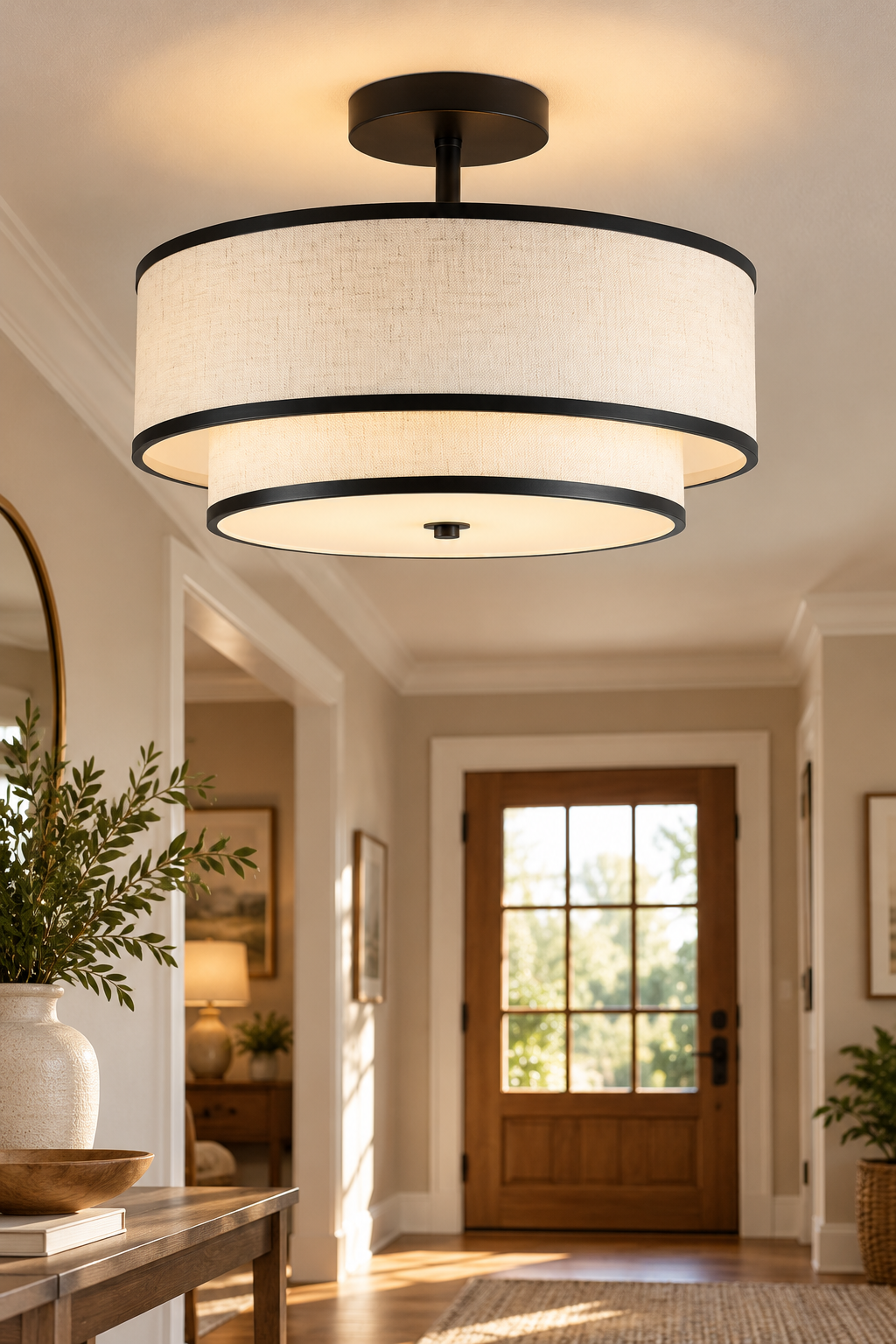 Black double drum semi-flush mount ceiling light with white fabric shades