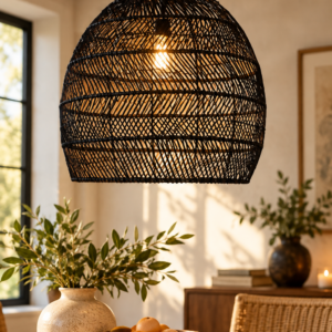 Arturesthome black woven pendant light with basket-shaped shade and warm lighting