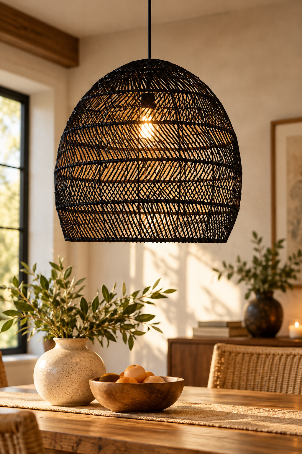 Arturesthome black woven pendant light with basket-shaped shade and warm lighting